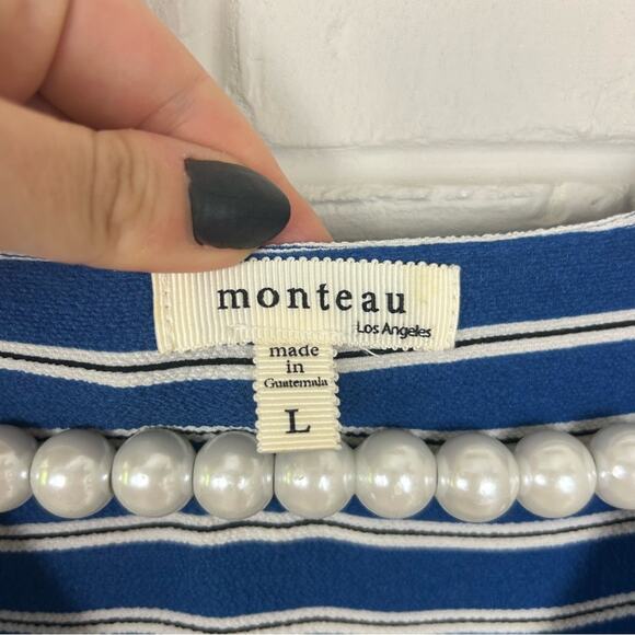 Monteau Blue White Striped Faux Wrap Mini Dress Size L - Picture 6 of 8